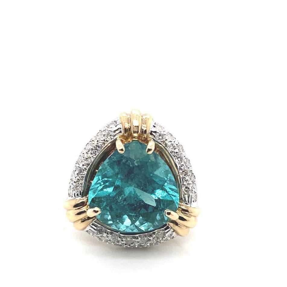 12.00 Carat Blue-Green Tourmaline and Diamond Ring 14K Yellow Gold Size 5.50 w/ GIA Report