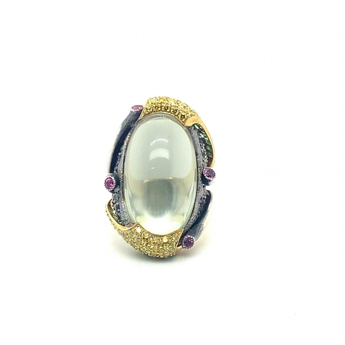 23.00 Carat Oval Moonstone and Canary Diamond Ring 18K Yellow Gold and Fine Silver