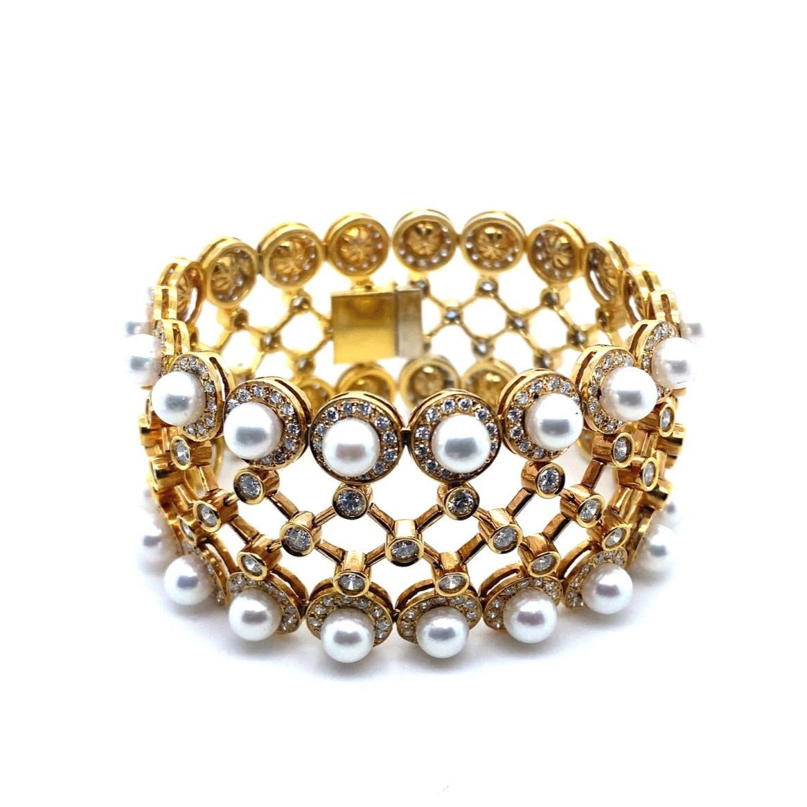 7.80 Carat Diamond and Cultured Akoya Pearl Heavy 18K Yellow Gold Bracelet Size 6.75