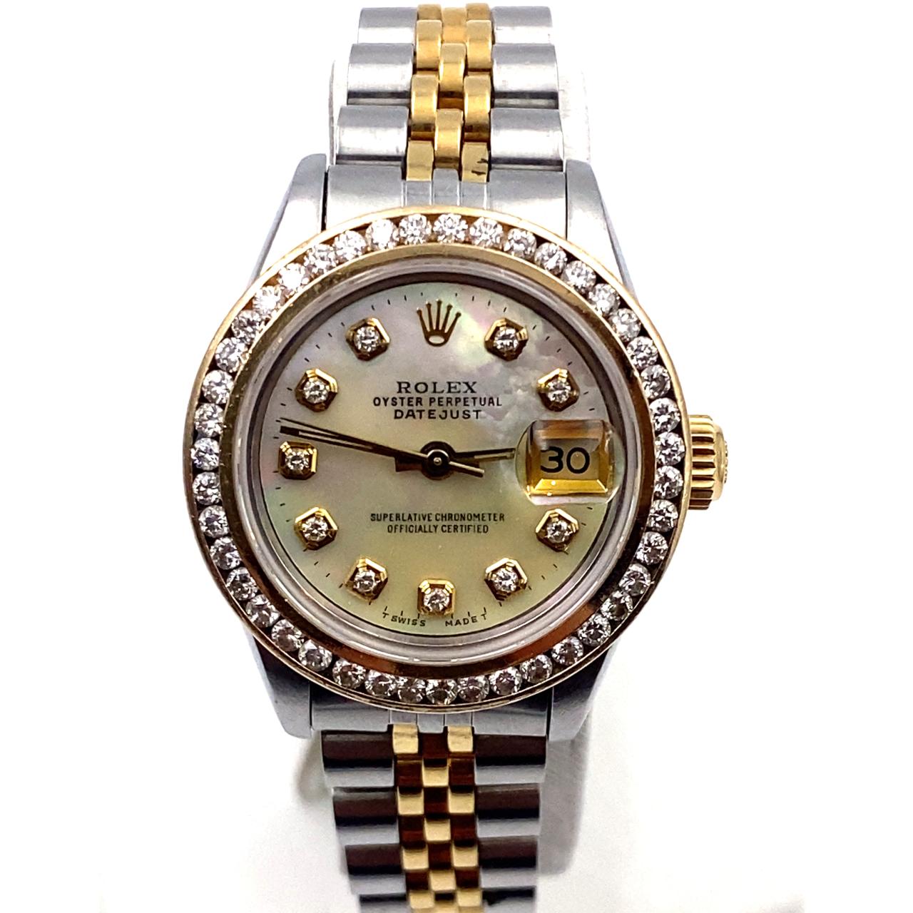 Pre-Owned Rolex DateJust 26mm Two Tone Watch 69173 MOP Diamond Dial and Bezel