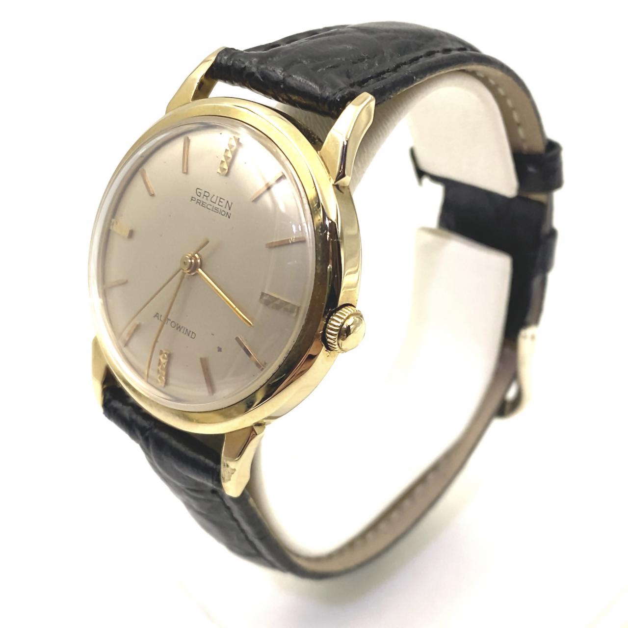 Pre Owned Gruen Precision Autowind 35mm 14K Yellow Gold Watch Black Strap