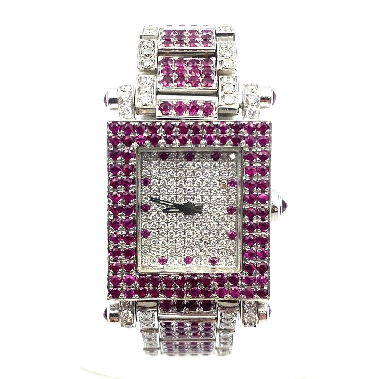 Pre-Owned One of a Kind Custom 18K White Gold Diamond and Ruby Fancy Cocktail Watch