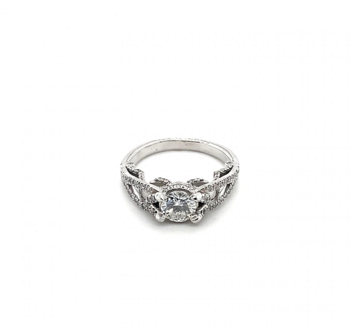 1.00 Carat Round Brilliant Cut Diamond Engagement Ring 18K White Gold Fancy Mounting