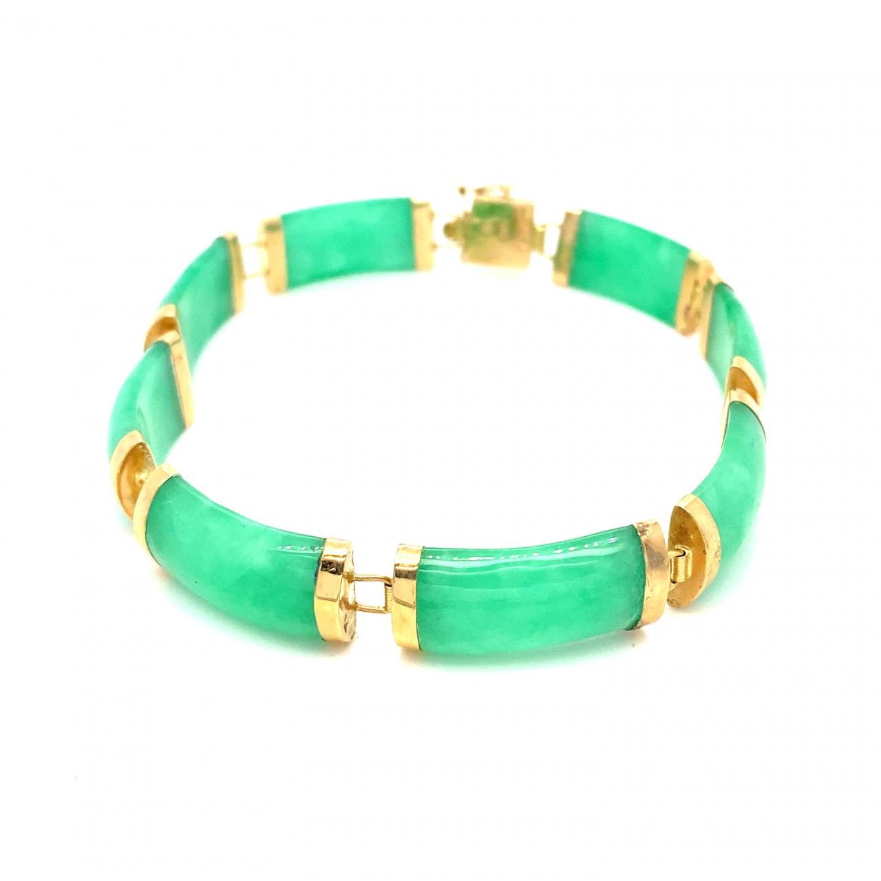 8 Green Rectangular Jade Links and 14K Yellow Gold Link Bracelet 7"