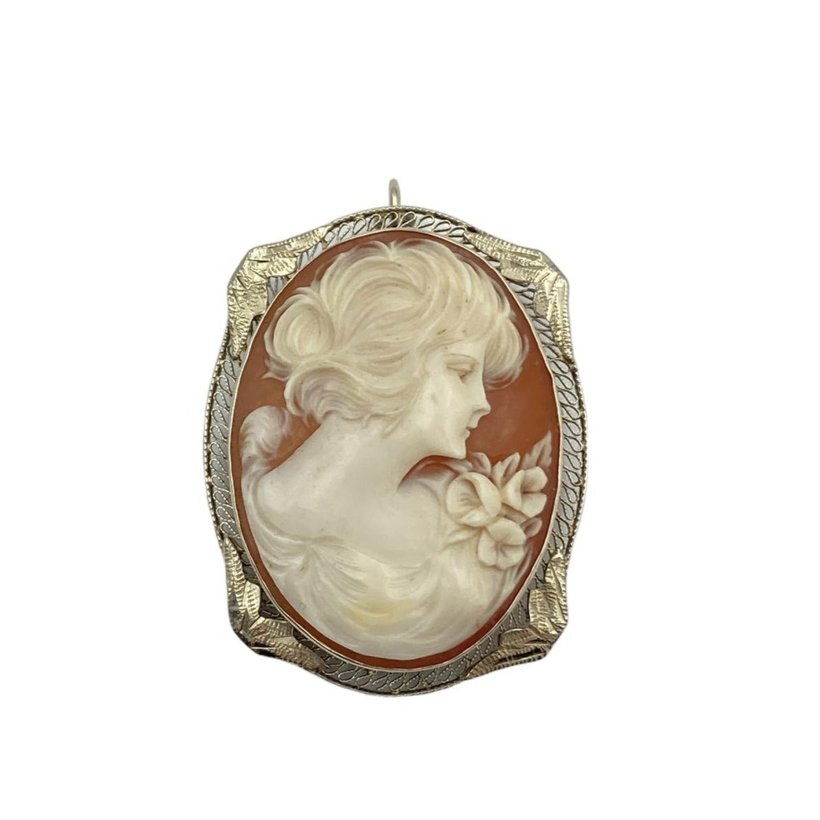 Antique 14K Solid White Gold Framed Portrait Shell Cameo Pin / Pendant