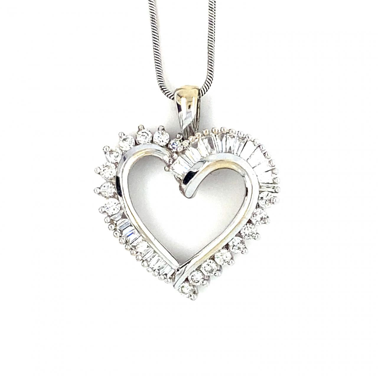 1.00ctw Round and Baguette Diamond Heart Pendant Necklace 18K White Gold 19"